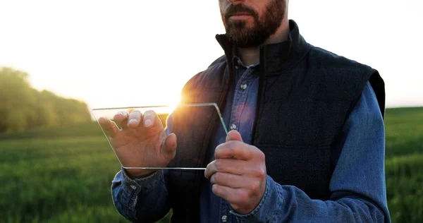 Close up of glass futuistic gadget in hands of male fermer who standing in green field in summer. Hi-tech technology of transparent device. Man tapping on tablet of future. Augmented reality. — 스톡 사진
