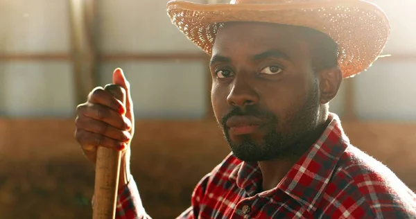Portrait de jeune homme afro-américain beau agriculteur en chapeau regardant la caméra et appuyé sur la fourche dans la grange. Beau berger masculin dans l'écurie sombre. Ferme là. Mouches volantes. — Photo