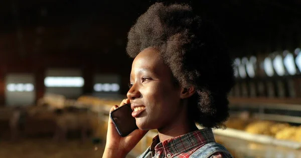 젊은 아프리카계 미국인 여성이 핸드폰으로 이야기하고 농장에서 일하고 있습니다. 여성 농부가 창고에서 휴대 전화로 말하고 있습니다. 닥터 셰퍼드가 전화로 통화하고 있어요. 농사의 개념. — 스톡 사진