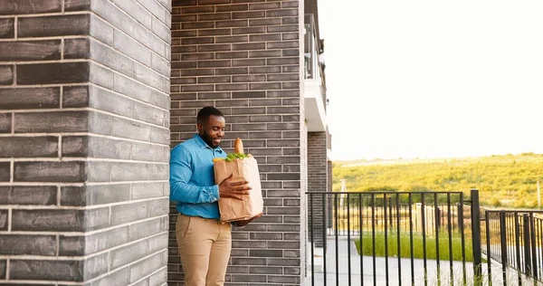 African American female courier delivering bag with healthy food to male client at house, talking and handing outside. Delivery woman smiling and bringing packet of vegetables to man customer. Rear. — Stock Photo, Image