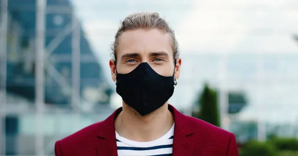 Portrait Caucasian Young Handsome Man Mask Looking Camera Outdoors Close — Stock Photo, Image