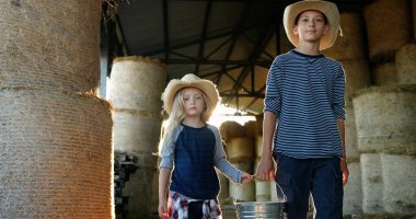 Beyaz, şirin kız ve erkek kardeşler çiftlikte yardım ediyorlar ve samanlıkta kova taşırken yürüyorlar. Gün ışığında küçük bir çocuk ve kız. Kırsal kesimde çocukluk. Çiftçilik kavramı.