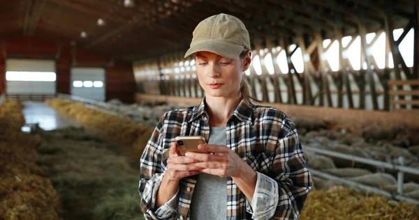 Jonge blanke vrouw met behulp van smartphone en werken in boerderij stal. Vrouwelijke boer aftappen en scrollen op mobiele telefoon in de schuur. Shepherd sms 't per telefoon. Landbouwconcept. — Stockfoto