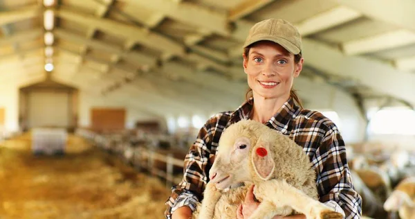 Portret van jonge, mooie blanke boerenvrouw met pet op die glimlacht naar de camera en lam in de hand houdt in de schuur met vee. Gelukkige vrouwelijke herder strelen schattig dier in stal. Peetschaap. — Stockfoto