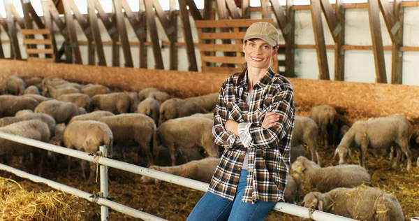 Portrait de jeune femme de race blanche belle berger assis dans l'écurie, se reposant et souriant à la caméra. Un fermier joyeux qui se repose dans une grange avec du bétail. Troupeau de moutons sur fond. — Photo