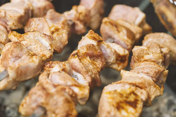Köstliche Schweinefleischwürfel Auf Offenem Feuer Zubereitet — Stockfoto