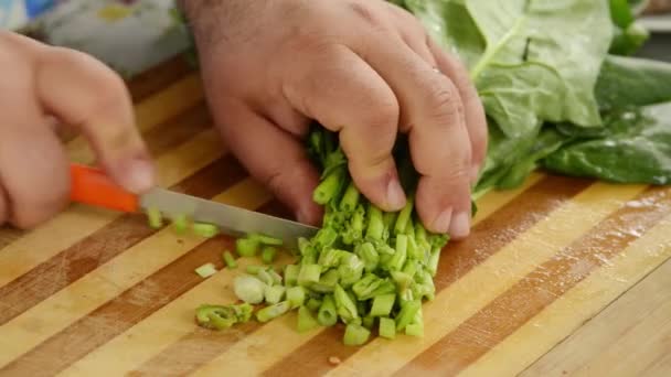 Cuocere Erbe Tagliate Sul Tagliere Legno Preparazione Insalata — Video Stock