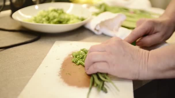 Woman Cutting Herbs Wooden Board Preparing Salad — Vídeo de Stock