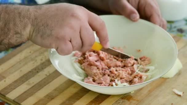 Cocinero Está Preparando Una Ensalada Mezcla Atún Cebolla — Vídeos de Stock