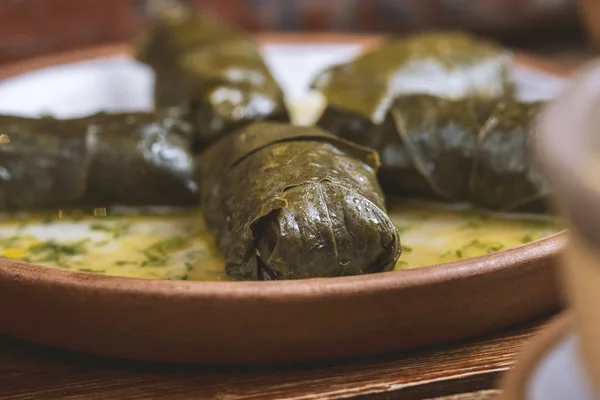 Nahöstliches Essen Arabische Küche Zubereitung Gefüllter Weinblätter Oder Traditionelles Dolma — Stockfoto