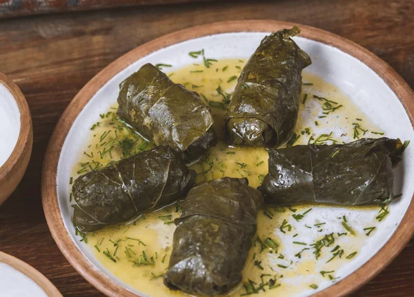 Orta Doğu Yemekleri Arap Mutfağı Doldurulmuş Sarmaşık Yaprakları Geleneksel Dolma — Stok fotoğraf