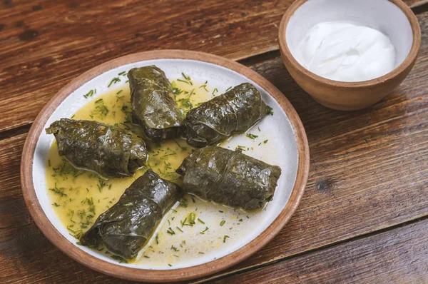 Orta Doğu Yemekleri Arap Mutfağı Doldurulmuş Sarmaşık Yaprakları Geleneksel Dolma — Stok fotoğraf