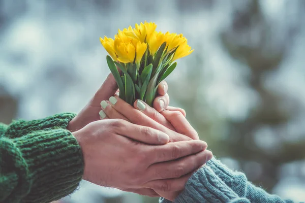 Bukiet Wiosennych Kwiatów Dłoni Mężczyzny Kobiety — Zdjęcie stockowe