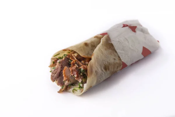 Heerlijke Shoarma Broodje Geïsoleerd Witte Achtergrond — Stockfoto