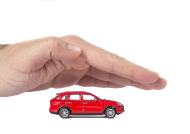 Time-worn car.Car (automobile) insurance and collision damage waiver concepts. Businessman with protective gesture clipart