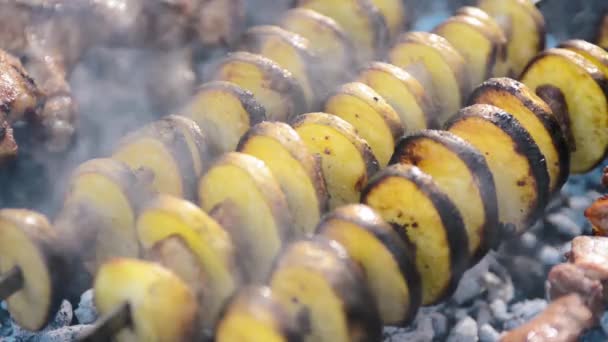 Schweine Und Hühnerfleisch Und Kartoffeln Spieß Auf Dem Grill Rauch — Stockvideo