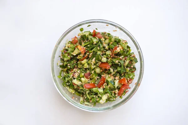 Leckerer Salat Der Mittelöstlichen Küche Tabule Zubereitet Aus Gemüse Kräutern — Stockfoto