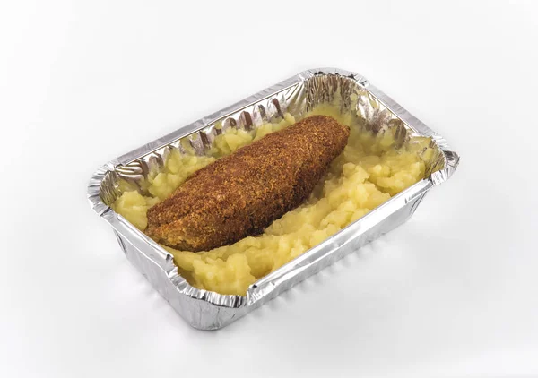 mashed potatoes and chicken cutlet in a food storage container