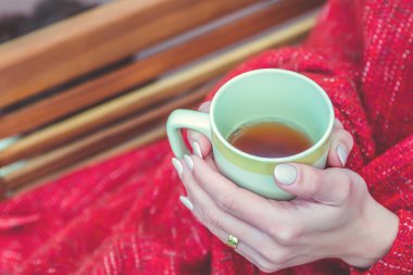 Genç kız ekose elinde çay ile sarılmış