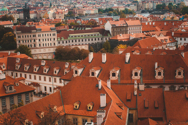 Prague, Czezh Republic. Scenic autumn aerial view of the Old Town.Vintage style photo