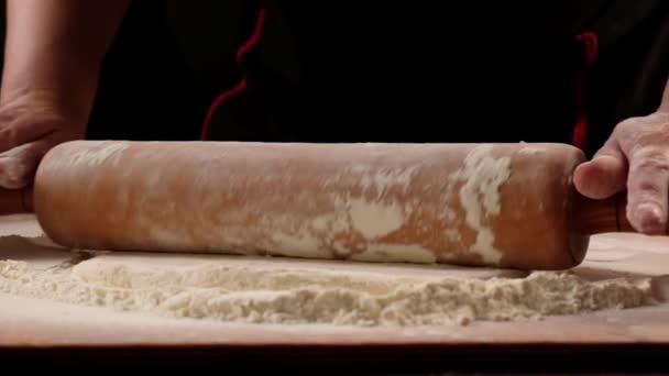 Chef Rolling Dough Rolling Pin Table Hands Close Slow Motion — Stock Video