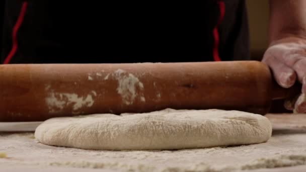 Cook Rolling Out Dough Hands Close Slow Motion Baker Kneading — Stock Video