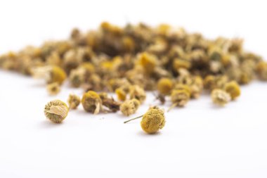 beyaz bir arka plan üzerinde ilaçlı papatya kuru çay