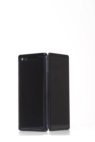 Zwarte Smartphone Met Twee Schermen Een Witte Achtergrond Dubbele Display — Stockfoto