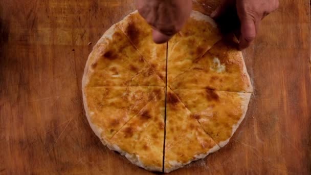 Person Hand Cuting Cheese Pie Khachapuri Slow Motion — Vídeo de Stock