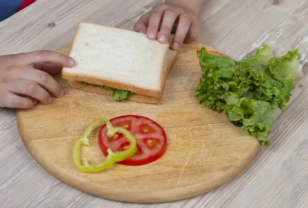 Boy Preparing Sandwich Meat Vegetables Breakfast School — Stock Photo, Image