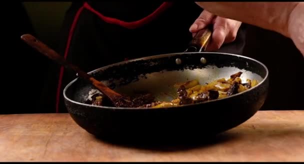 Chef Cooks Chinese Food Pan Stirring Wooden Spoon — Stock Video