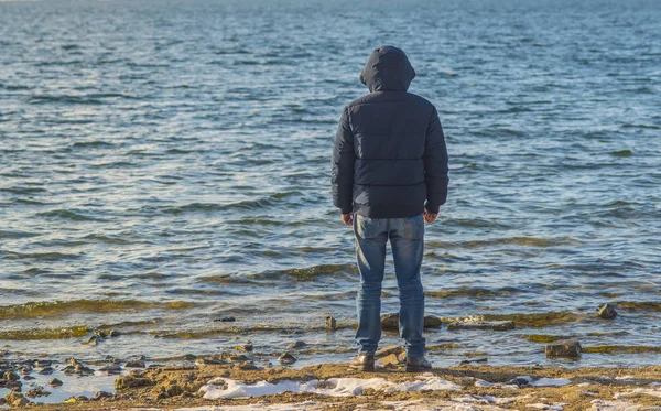 Yalnız bir adam boş bir deniz sahilinde dikiliyor ve soğuk bulutlu bir sonbahar gününde uzaklığa bakıyor, arkadan bakıyor. Sıcak spor ceket giymiş bir adam.