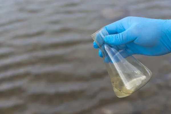 Próbka Wody Rzeki Analizy Ręka Rękawicę Koncepcją Testowej Tube Ecology — Zdjęcie stockowe