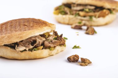 İki shawarma sandviçi, donör kebap, beyaz arka planda jiroskoplar.