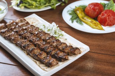 Fast food. Doğu yemekleri. Şiş kebap, lyulya-kebap. Yeşillik, sebze ve sosla süslenmiş doğu mutfağı yemekleri.