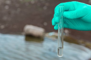 Nehirden bir su örneği. Eldiven takıp test tüpünde su topluyor. ekoloji kavramı