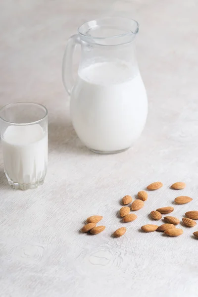Almond Milk Jug Glass White Wooden Background Vegan Drink Copy — Stock Photo, Image