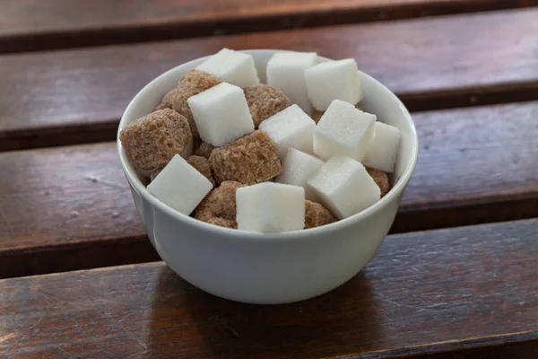 White Brown Sugar Cubes Bowl Wooden Table — Stock Photo, Image