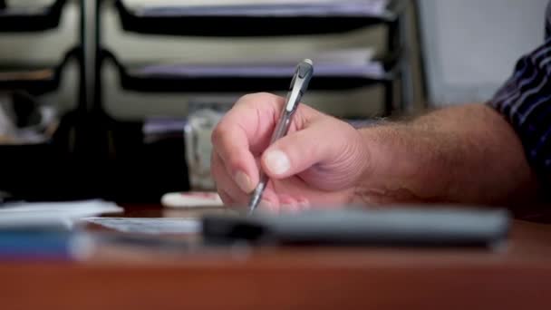 Adult Man Writes Pen Hands Stained Ink — Stockvideo