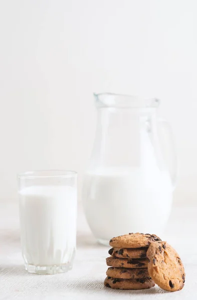 Chocolate Chip Cookies Milk Jug Glass White Wooden Background — Stock Photo, Image