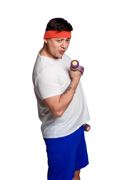 Fat man exercising with dumbbells and looking at camera isolated on white — Stock Photo, Image