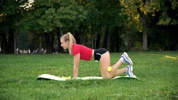 Το κορίτσι στο πάρκο κάνει γυμναστική. όμορφη αθλητής πηγαίνει για σπορ στο δρόμο. άσκηση στην γλουτιαία — Αρχείο Βίντεο