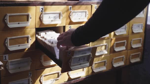 Searching in archives. Student hands searching from a filling cabinet.