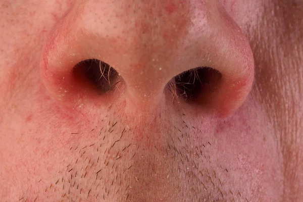 ちょうど目に見えない口の中で男の鼻および上部唇の正面図 鼻の毛の画像 — ストック写真