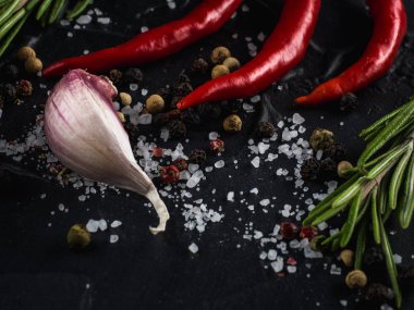 Kırmızı sıcak biber biber, sarımsak ve biberiye deniz tuzu ve siyah arka plan üzerinde renkli biber ile