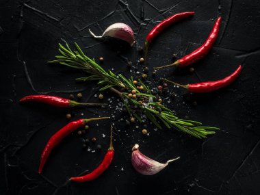 Kırmızı sıcak biber biber, sarımsak ve biberiye deniz tuzu ve siyah arka plan üzerinde renkli biber ile
