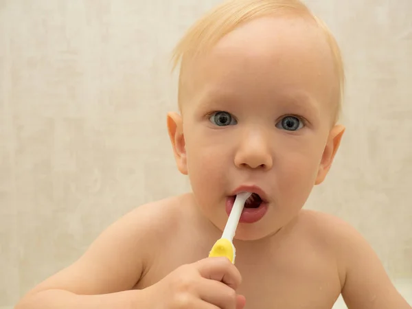 Lindo Niño Limpiando Dientes Sonrisa — Foto de Stock