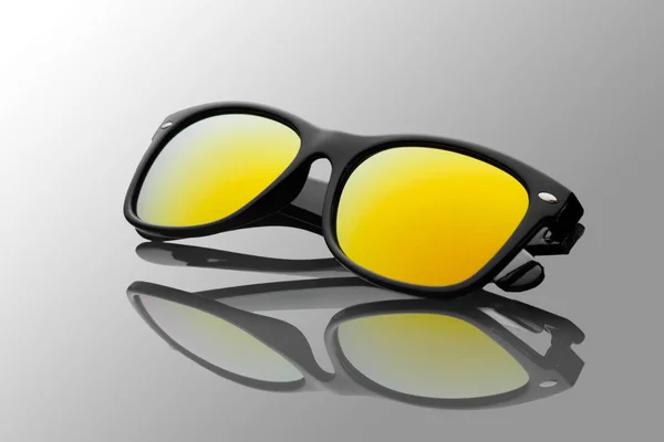 Studio Shot Black Sunglasses Yellow Gradient Mirrored Summer Coming Concept — Stock Photo, Image