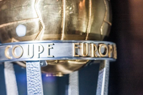 football cup closeup. The main award in the championship in football. cup closeup. The inscription under the golden soccer ball is the European Cup. shallow depth of field