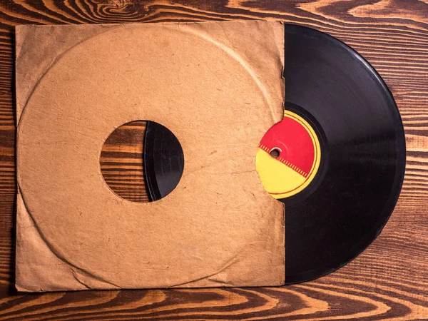 Old Vinyl Record Wooden Table Selective Focus Toned Image — Stock Photo, Image